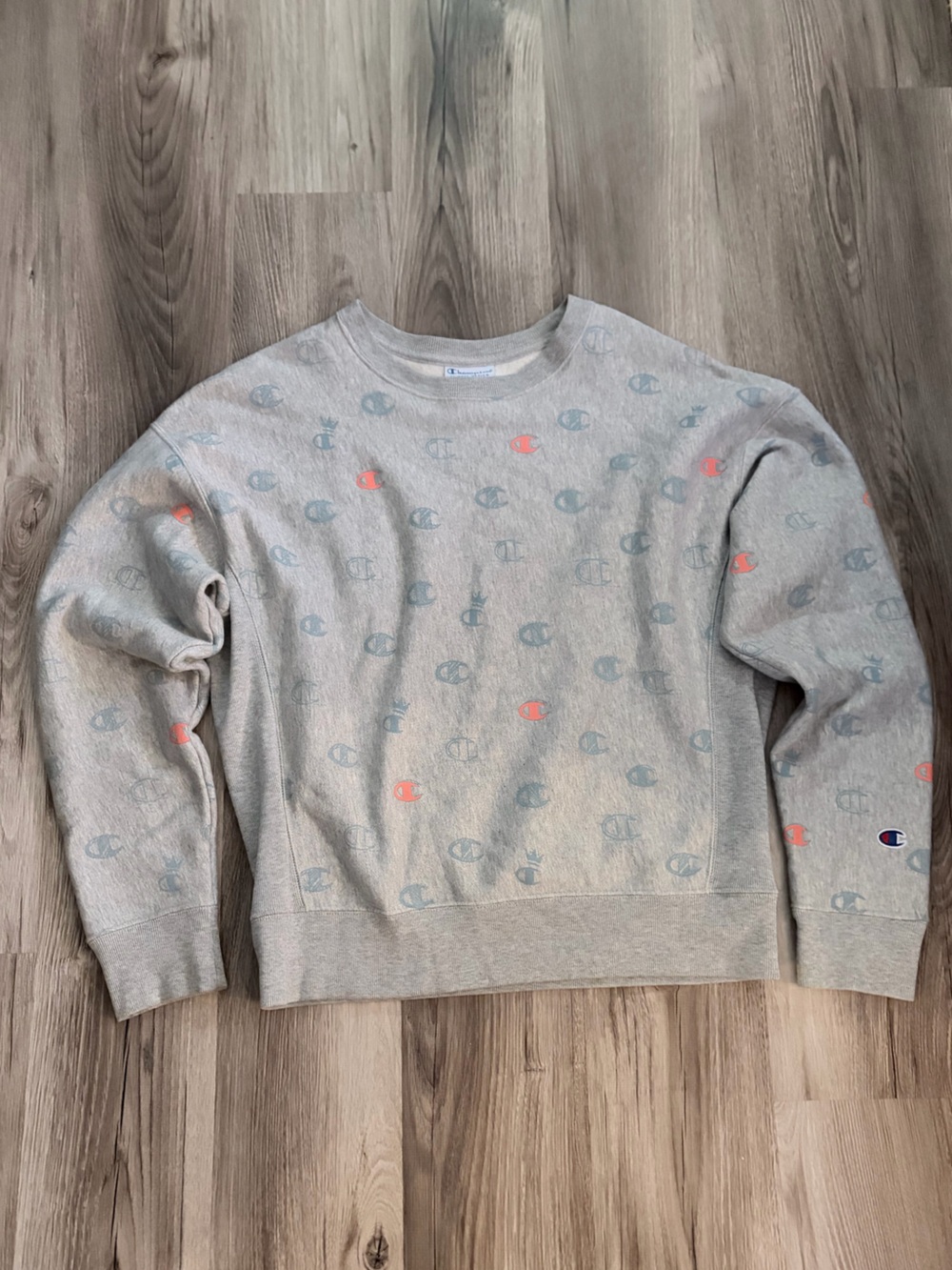 Champion Gray Reverse Weave Sweatshirt with Blue Logo Tag